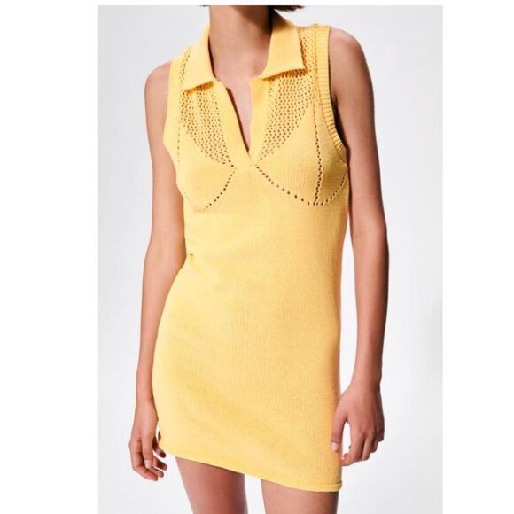Zara yellow knit perforated mini dress - Picture 1 of 5